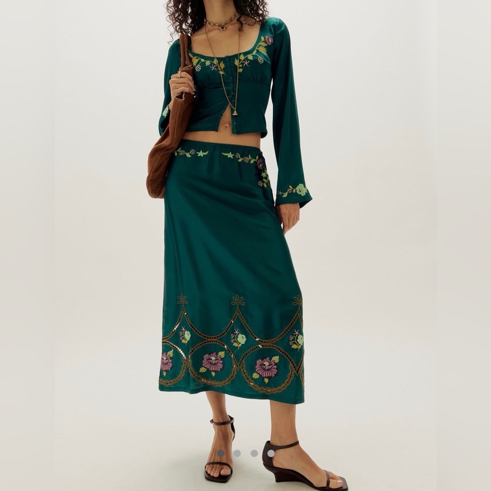 Free People Autumn Bloom Midi Skirt Set NWT in Forest Combo-Small